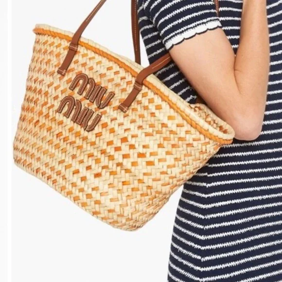Miu Miu Basket Weave Tote in Cream and Orange - Picture 3 of 7